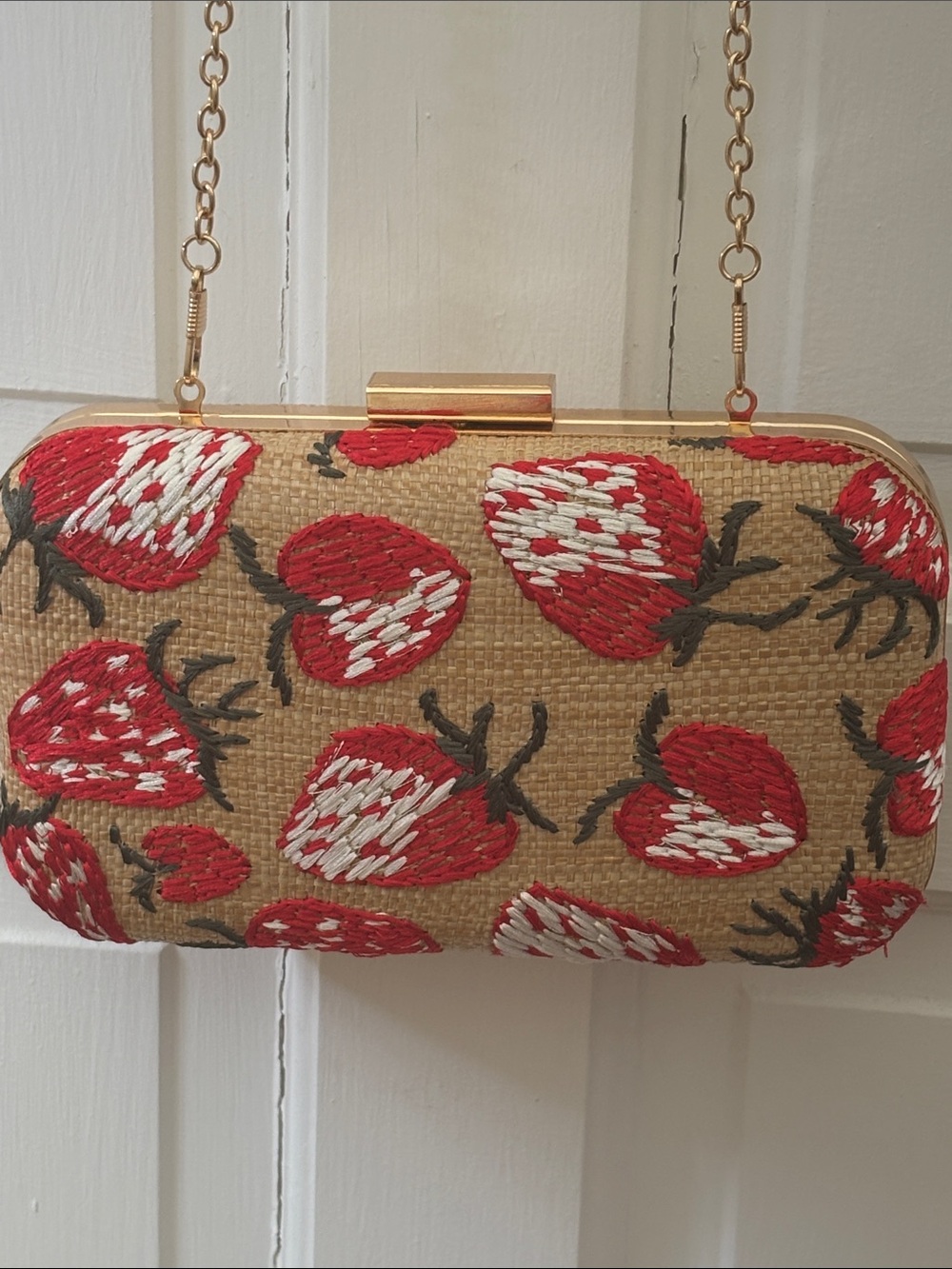 Straw Clutch with Red Embroidered Strawberry Motif cross body chain purse bag
